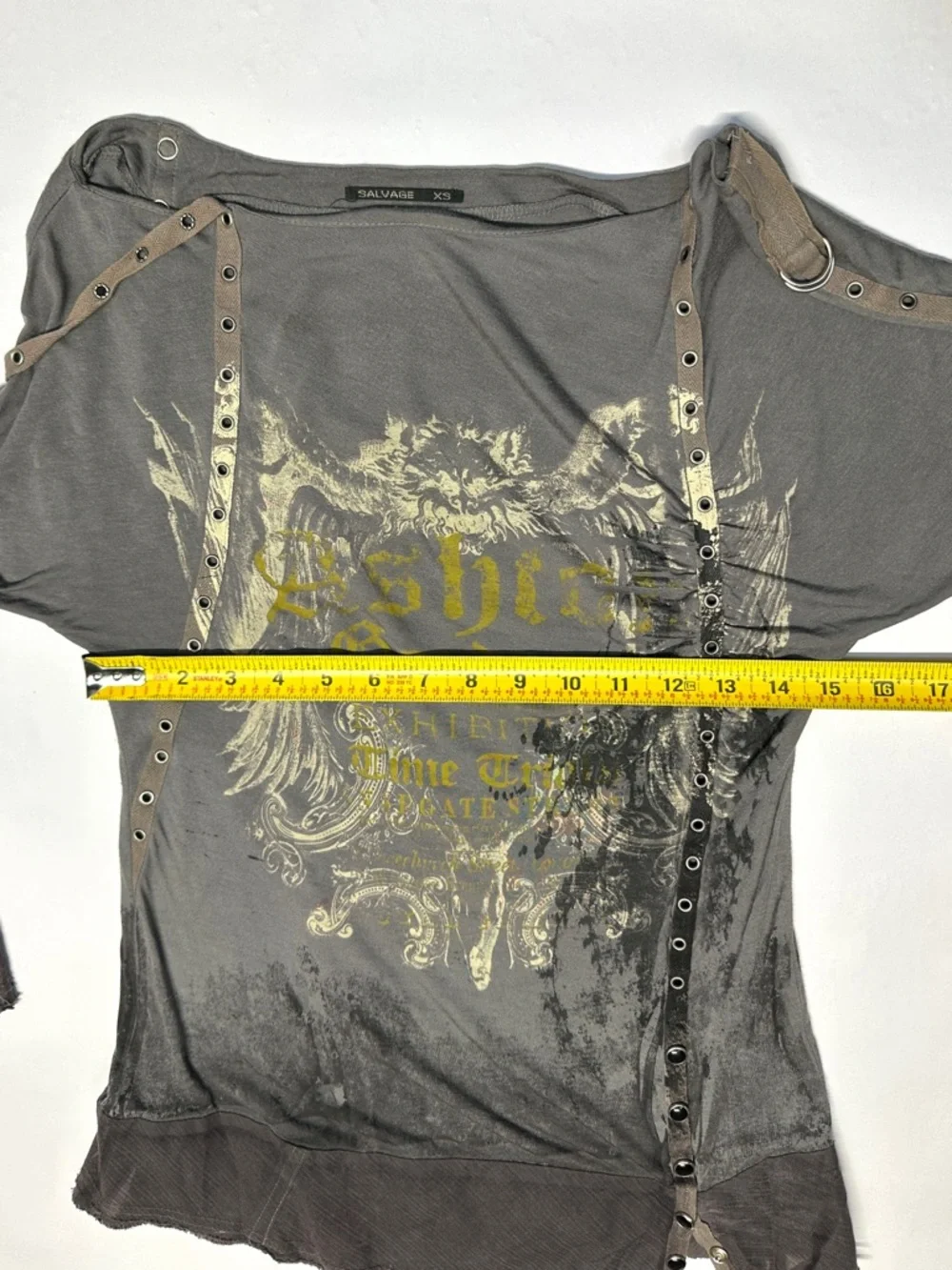 Salvage Y2K Grunge Gray Snap Button Rocker Punk Rivet Thrashed Thin Top XS - Picture 15 of 16